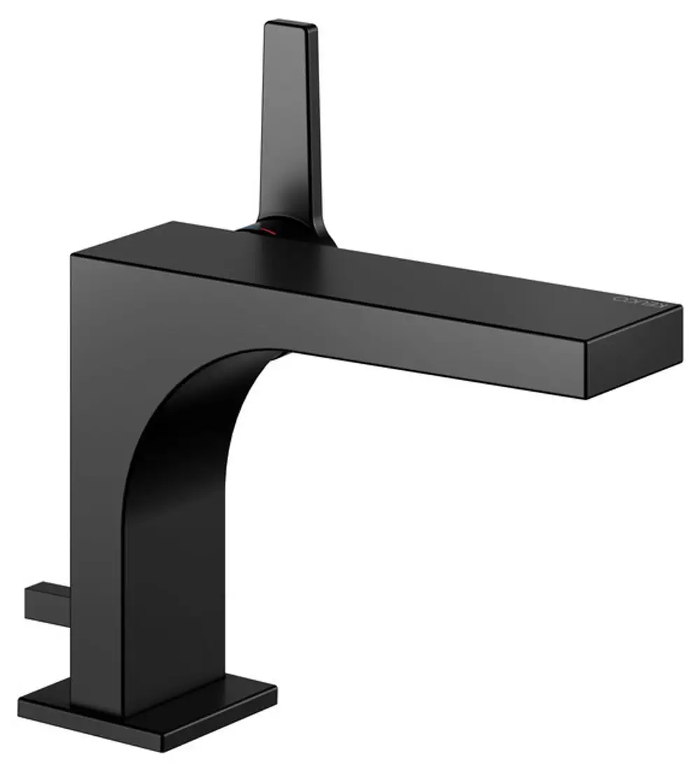 Keuco Wasserhahn in mattschwarz mit schlankem Design und einhebeliger Bedienung. Integrierter Ablaufgarnitur, geeignet für moderne Badezimmerausstattungen.